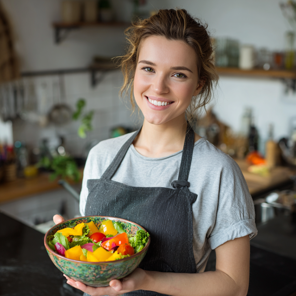 Smiling middle-aged European woman in her 40s holding fresh vegetables and fruits, wearing casual eco-friendly clothing, natural lighting, realistic photography style