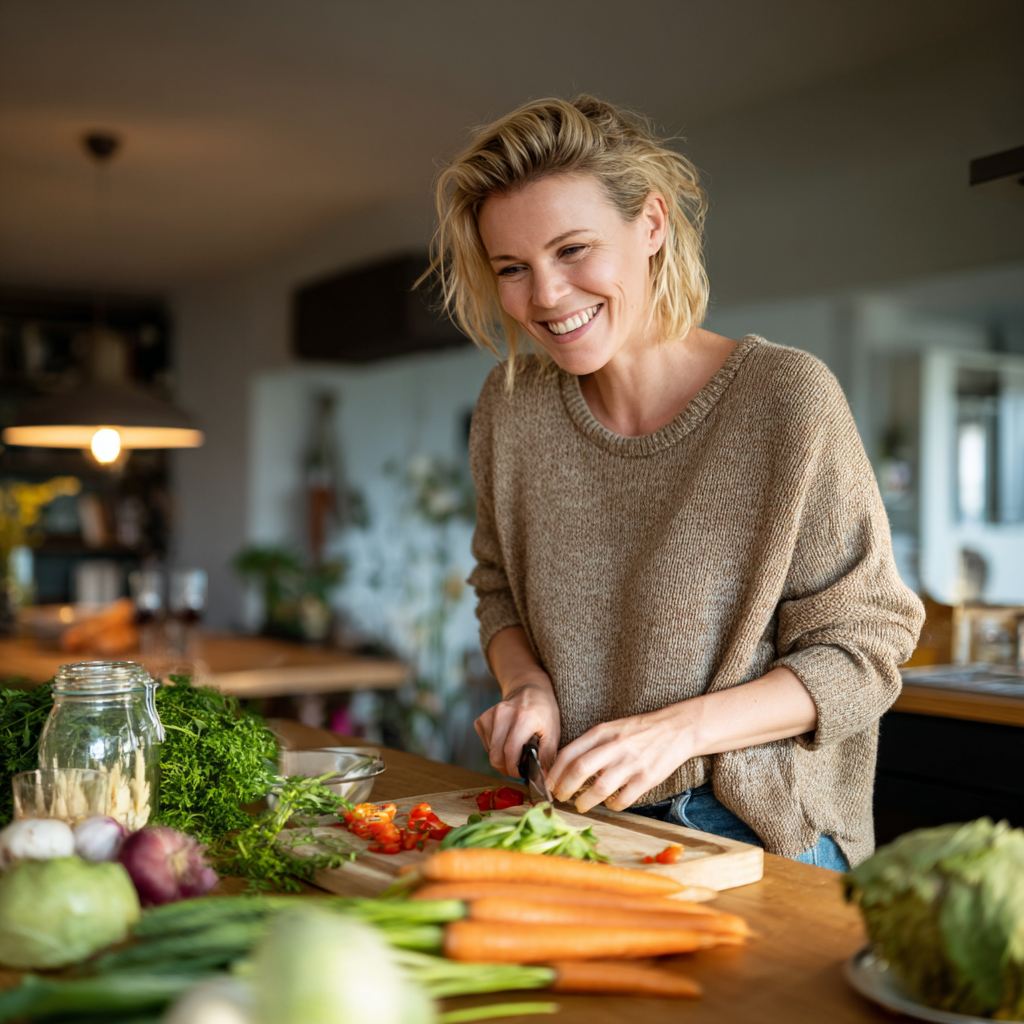 Cheerful European woman in her 30s holding basket with fresh seasonal vegetables and fruits at local market, natural sunlight, healthy lifestyle concept, realistic photography style